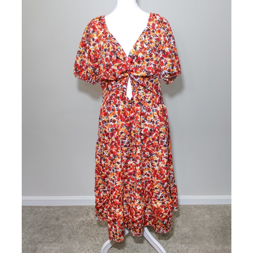 Women's Hapsho Midi Cut Out Dress Watercolor Floral Colors Red Orange Size 12